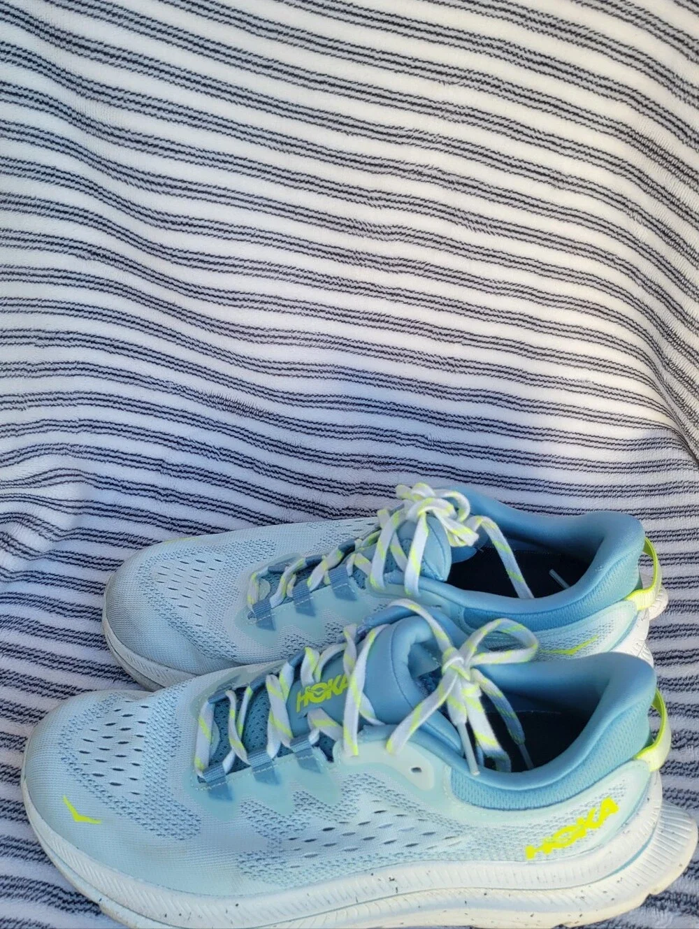 Hoka Women's Pale Blue Athletic Running Shoes with Neon Yellow Accents